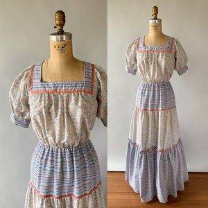 Vintage 1970s Blue Pink Floral Patchwork Tiered Ruffled Maxi Dress Small Medium